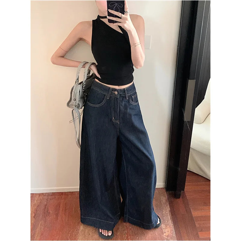 Lunivop Blue Women Jeans High Waist Vintage Straight Baggy Denim Pants Streetwear Y2K American Style Fashion Wide Leg Denim Trouser