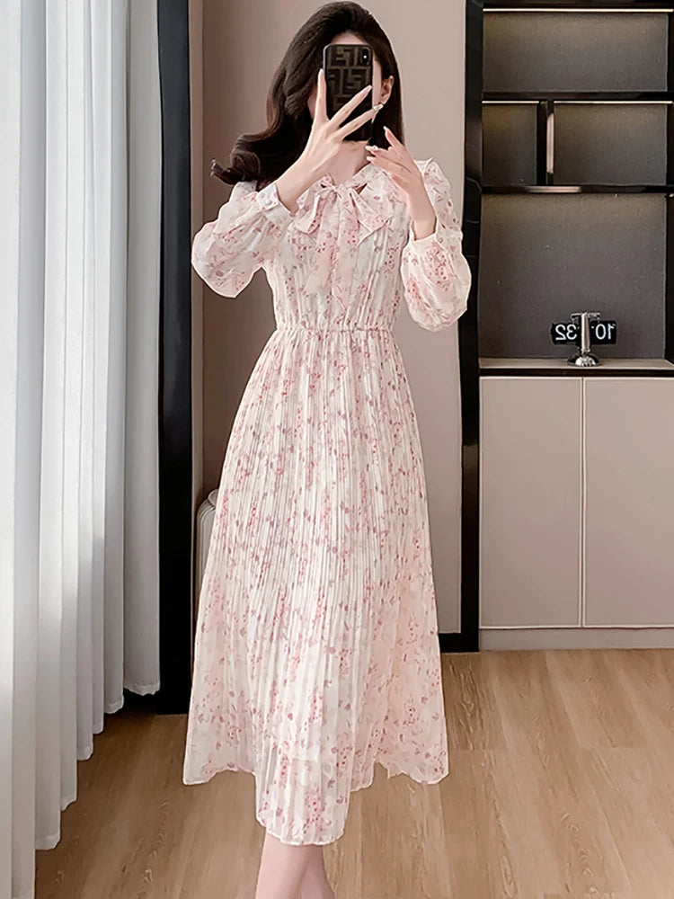 Lunivop  Pink Floral Chiffon Casual Beach Long Dress Women Spring Elegant Chic Bow Y2k Dress Korean Fashion Bodycon Evening Dresses