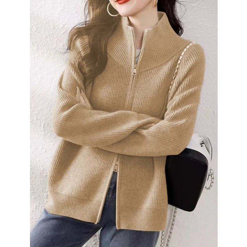 Lunivop Women's Zip Up Sweater Cardigan Cozy Knit Stand Collar Zipper Front Plain Sweater Jacket Female Korean Chic Fall Winter Outfit