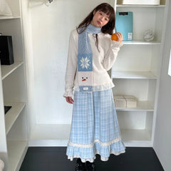 Lunivop Japanese Sweet Lace Ruched High Waist A-line Blue Y2K Patchwork Edible Tree Fungus Cake Skirts Ruffles Women Plaid Skirt Folds