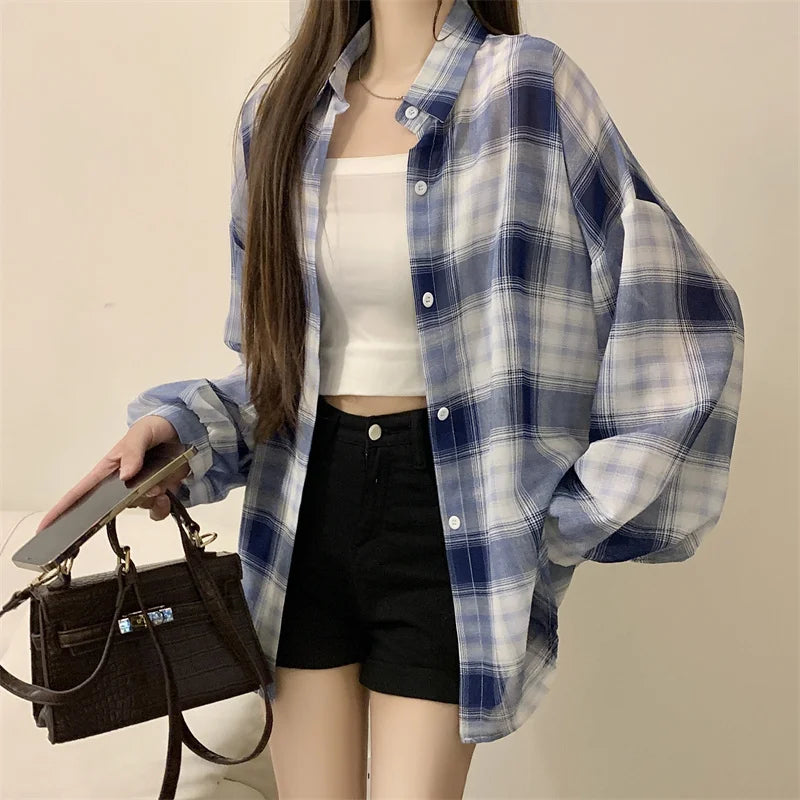 Lunivop Tops Women Sheer Chiffon Plaid Shirt Long Sleeve Button Up Collared Oversize Checked Shirts and Blouse Summer Casual Outfit