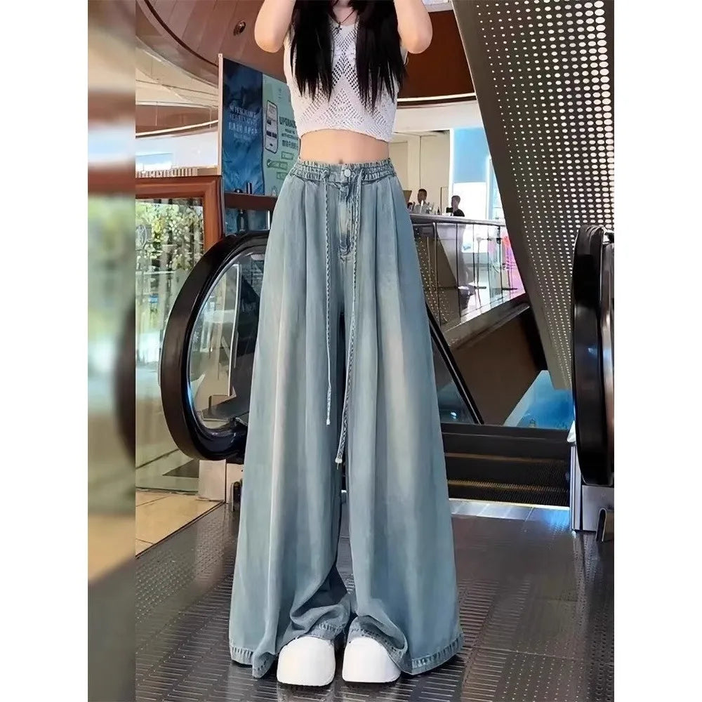 Lunivop  Oversized Silky Jeans for Women Spring Autumn Thin Style Plus Size Ice Silk Flared Wide Leg Casual Pants