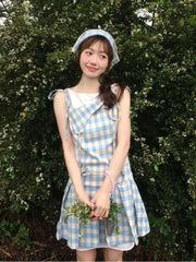 Lunivop 2000s Vintage Blue Plaid Fake Two Piece Dress Women Casual Retro Y2k Mini Dress Summer 2024 Japanese Fashion Sweet Cute Dress