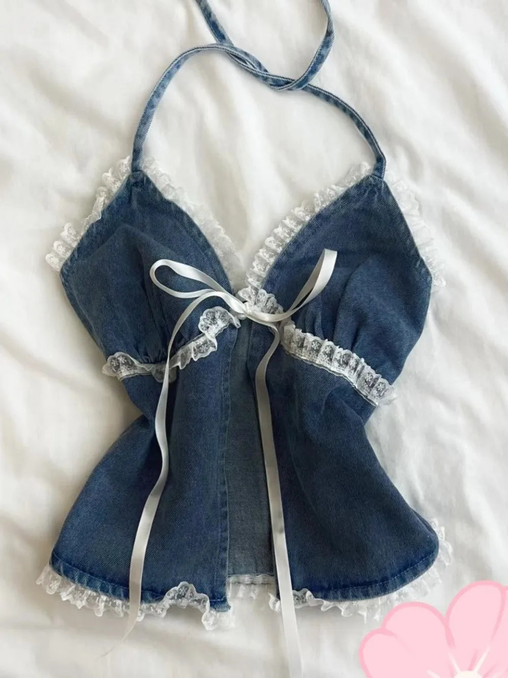 Lunivop  American Vintage Denim Sling Vest Y2K Goth Age Reduction Unique Slim Tanks Halter Lace Patchwork Bow All-match New Tees