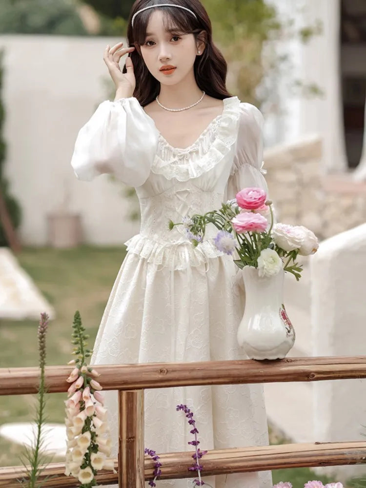 Lunivop  French Fairy Lantern Sleeve Midi Dress for Women Summer Elegant Retro Slim Sweet Party One Piece Dress Korean Casual Clothes