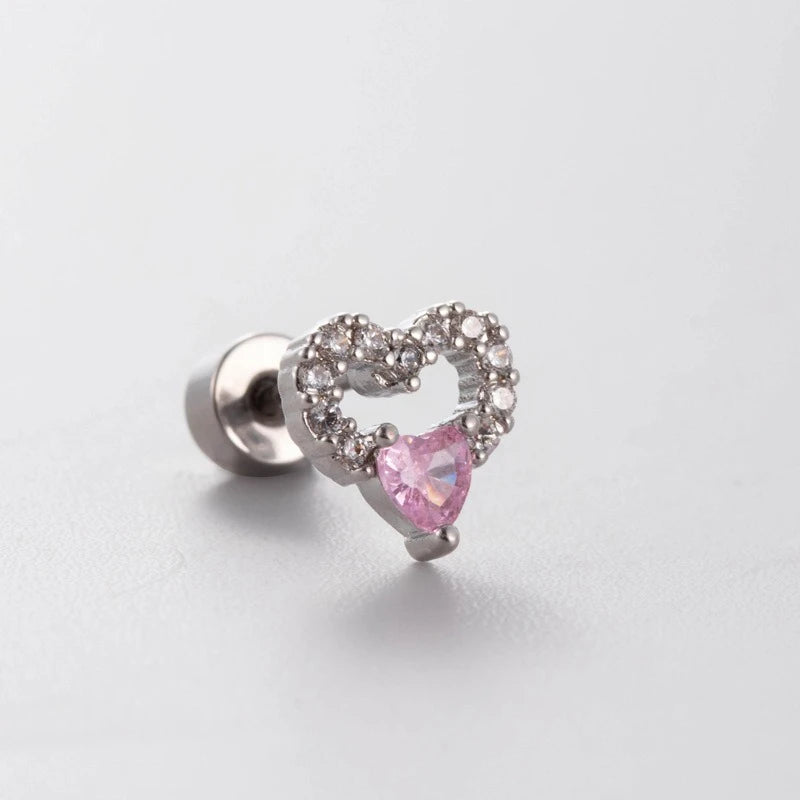 Lunivop 1 Pcs Cute Pink Zircon Bear Cross Love Heart 316L Stainless Steel Ear Bone Nail for Women Small Earrings Jewelry Birthday Gift