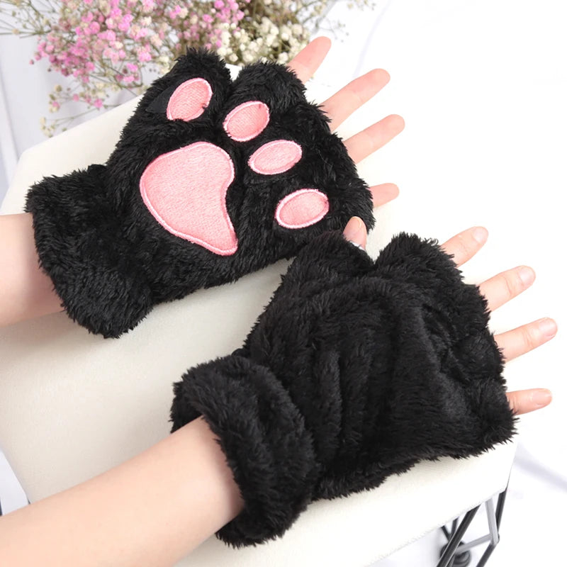 Lunivop Women Cartoon Cat Claw Gloves Thickened Plush Lovely Style Bear Paw Exposed Fingers Half Winter Mittens Warm Girls Gift Gloves