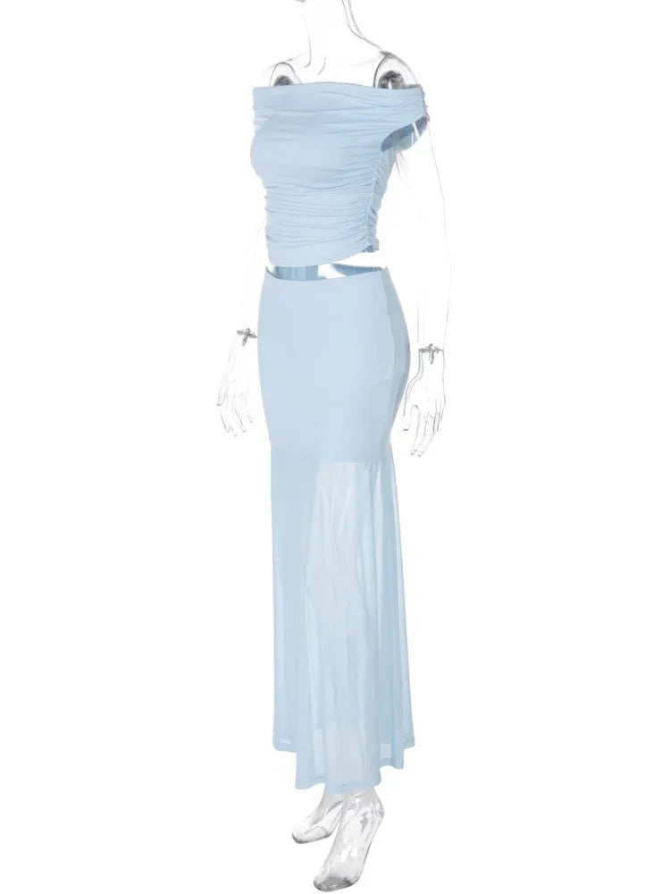 Lunivop   Mesh Patchwork Sheer Maxi Skirts Suit Women Summer Sexy Off Shoulder Slim Tops Two Piece Sets Chic Lady Elegant Long Dress 2025