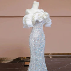 Lunivop  High End Luxury Ruffle Temperament Slash Neck Mermaid Dresses French Slim Waist Sequin Long Vestidos New Bling Evening Gown