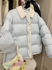 Lunivop Blue Floral Patchwork Parkas Women Korean Sweet Winter Warm Puffy Coat Casual Long Sleeve Loose Preppy Style Cotton Jacket
