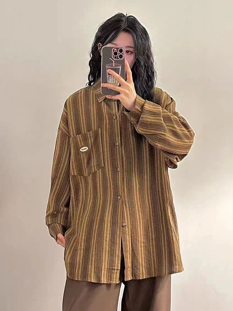 Lunivop Vintage Y2K Striped Shirt Women Harajuku Oversize Loose Japan Blouse Casual Long Sleeve Streetwear Bf Pocket Design Tops
