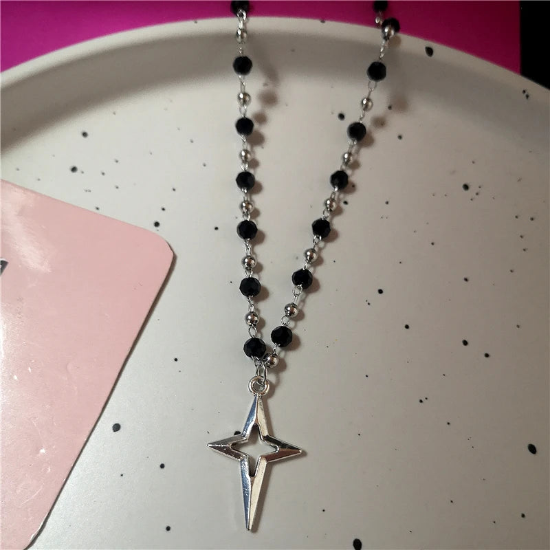 Lunivop Kpop Vintage Fashion Aesthetic Star Cross Pendant Beads Chain Leather Rope Ball Necklace For Women Men Y2k Jewelry Accessories