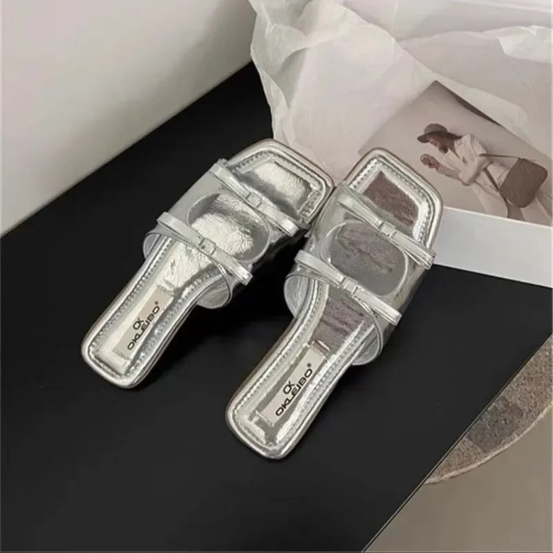 Lunivop Summer Woman Flat Slippers Square Toe Double Bowknot Sandals Casual Shoes Ladies Soft Sole Beach Slippers Women Shoes