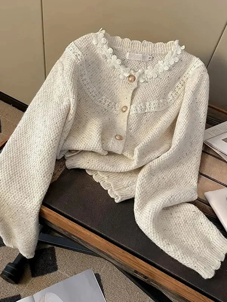 Lunivop Floral Elegant Cardigan Women Vintage Sweet Long Sleeve Knitted Sweater French Retro Casual O Neck Design Fall Ins Tops Coats