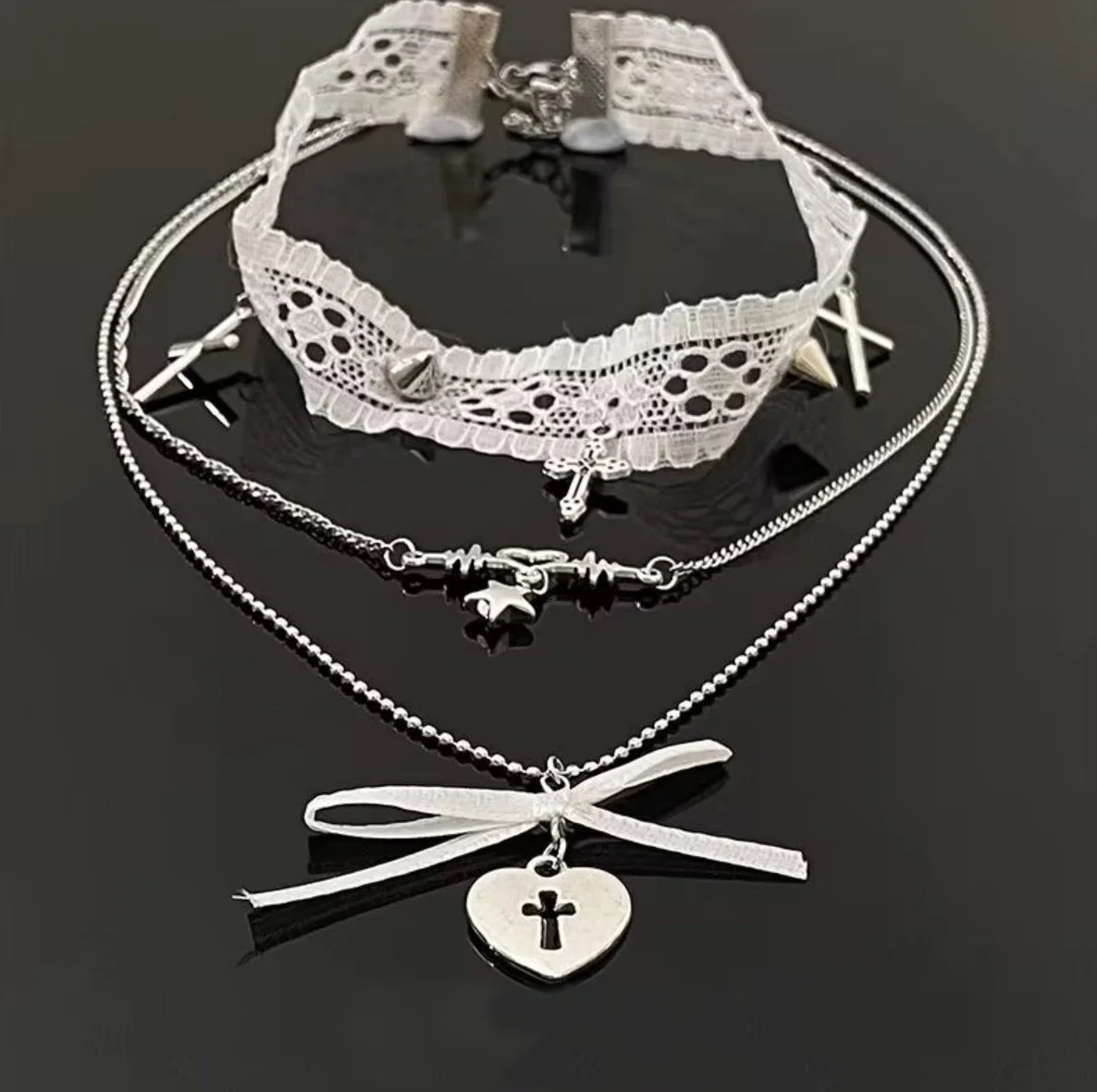 Lunivop Cute Sweet Cool White Lace Heart Cross Multi Layer Choker Necklace for Women Girls Punk Gothic Clavicle Chain Jewelry Party Gift