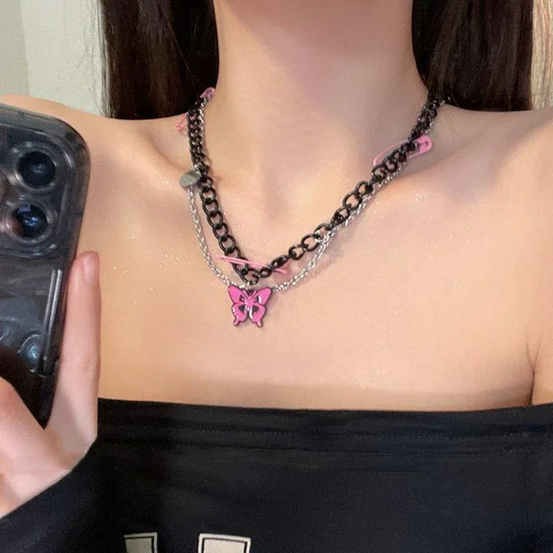 Lunivop Kpop Fashion Pink Pin Butterfly Pendant Black Chain Necklace For Egirl Goth Harajuku Y2K 90s EMO Aesthetic Jewelry Accessories