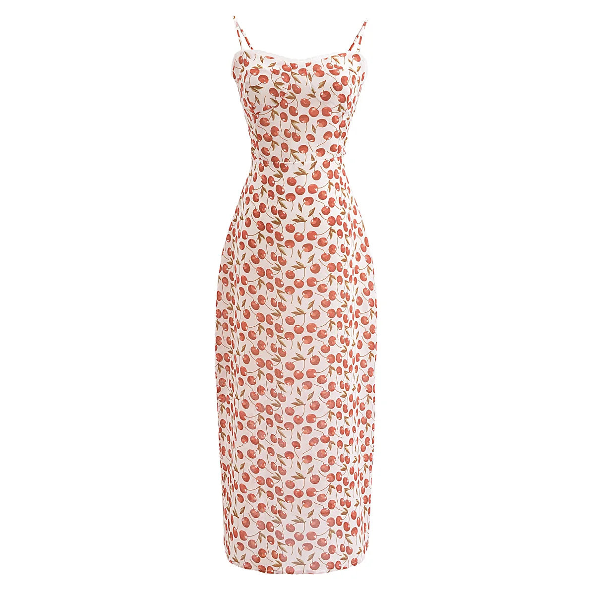 Lunivop  Retro French style Summer Cherry Print Corset Style Midi Sling Dress Sexy Women Spliced Lace V neck Back Slit Long Robe