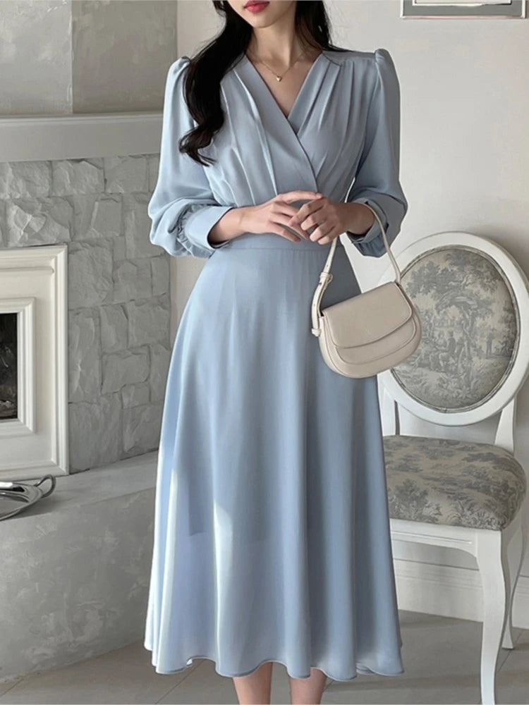 Lunivop  Korean Solid Midi Dresses for Women Fashion V-neck Long Sleeve A-line Solid Casual Dress Office Lady Clothing Autumn New