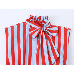 Lunivop  Bow Tie Neck Sleeveless Striped Blouse Women Ruffle Hem Shirt Summer Tops