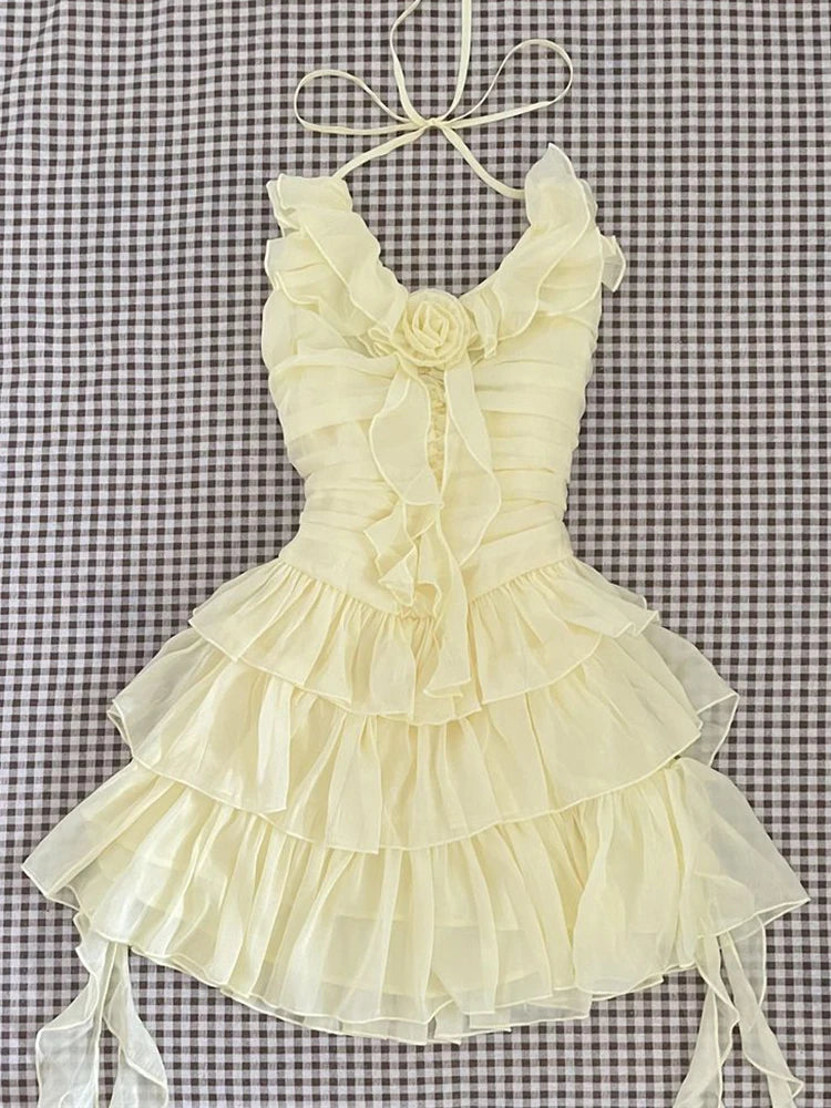 Lunivop  Slim Sweet Ruffles Dress Women Fashion 3D Floral Casual Elegant Mini Dress Summer Sexy Sleeveless Lady Yellow Cake Vestidos