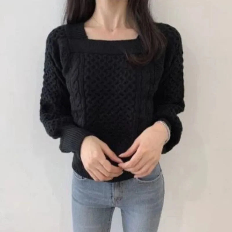 Lunivop Square Neck Knitted Sweater Long Sleeve Cable-knit Crop Jumper Women's Pulover Teen-girl Fall Winter 2025 Basic Outfit