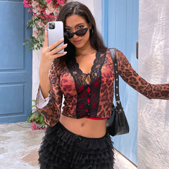 Lunivop Print Button V Neck Sexy Flare Long Sleeve See Through Women'S T-Shirt Tops Summer Blouse 2024 Y2K Casual Clothes