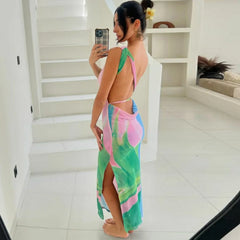 Lunivop Summer Colorful Print Long Dress Women Elegant Sleeveless Slim Maxi Evening Party Dresses Sexy Split Backless Beach Dress