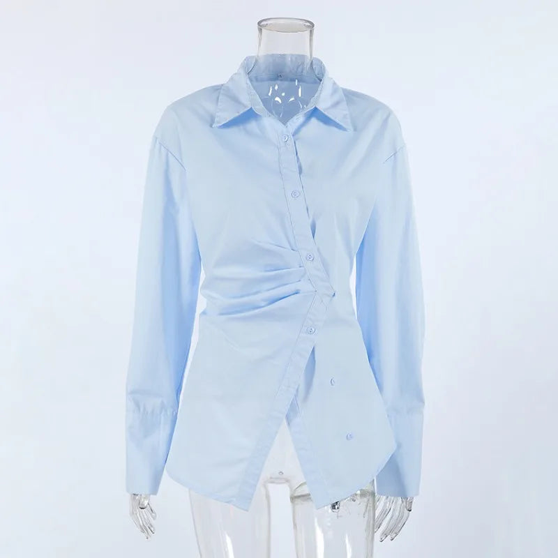 Lunivop  Autumn Women Solid Cotton Shirts Turn Down Collar Long Sleeve Ruched Irregular Single Breasted Slim Shirt Casual Tops