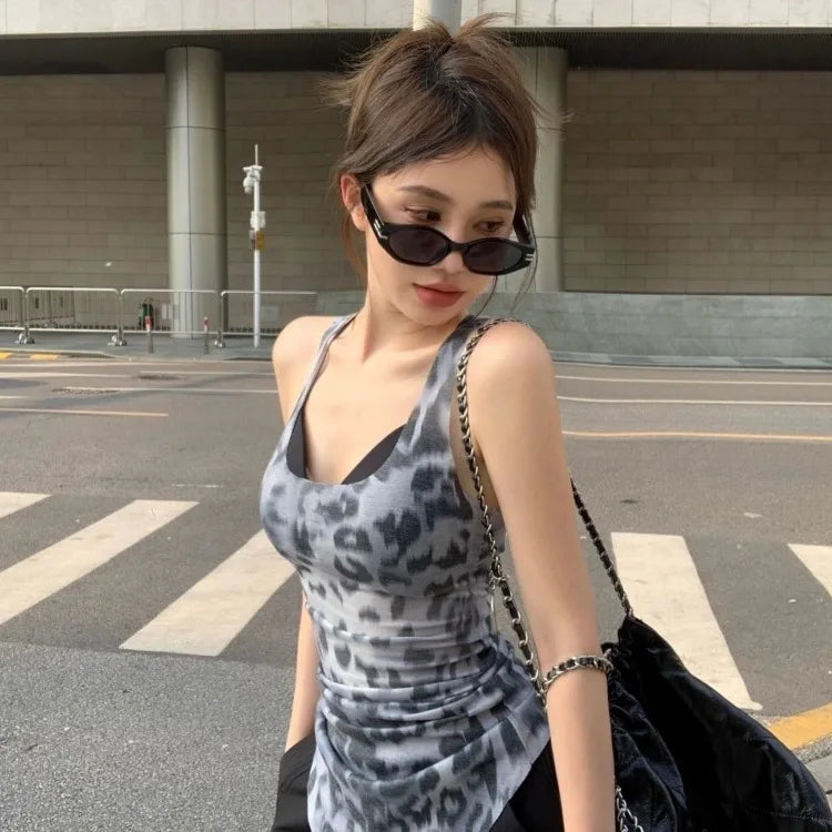 Lunivop  Leopard Print See Through Mesh Tank Top Irregular Slim Fit Sleeveless Tops Mujer 2025 Summer New Camisole Vest for Women