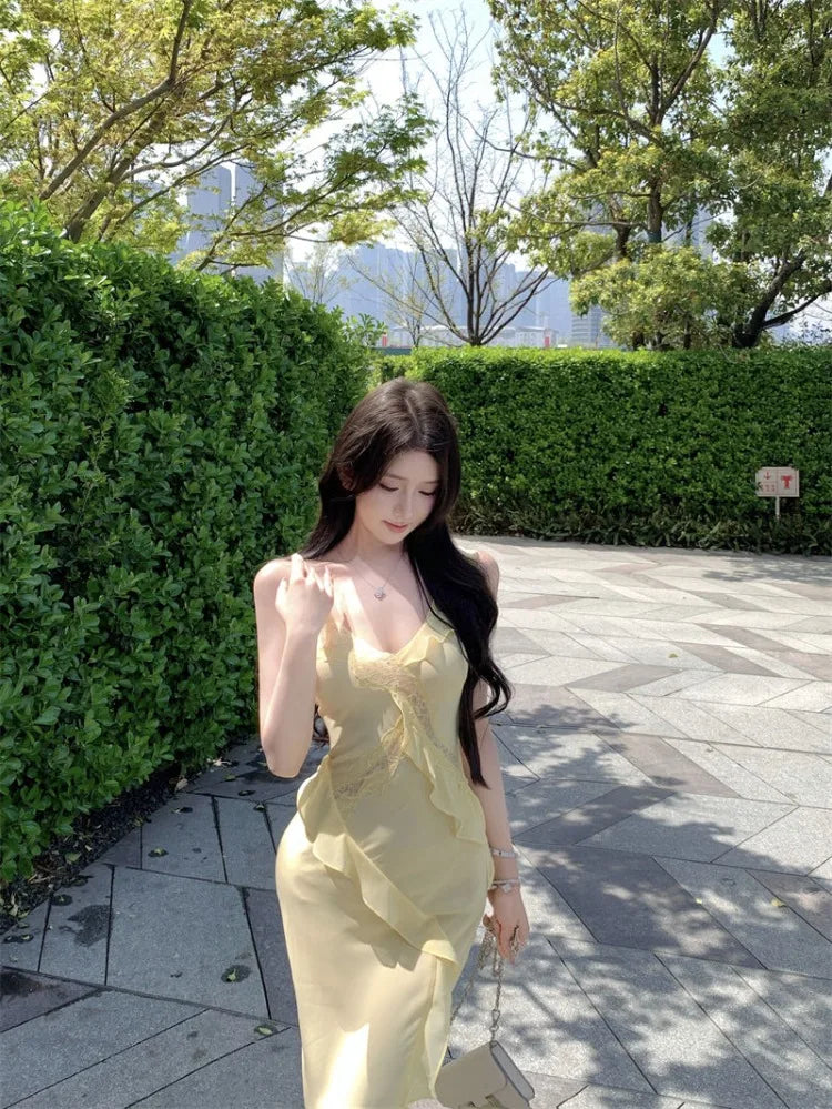 Lunivop  Women Dresses Sleeveless Lace Patchwork Ruffles V Neck Slim Backless Holiday Party Dress Female Fashion Sweet Casual