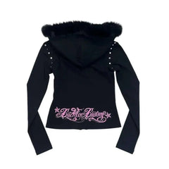 Lunivop  Y2K Vintage xubculture Millennium style fur collar hooded sweatshirt streetwear rivets slim fit spicy girl style zipper top emo