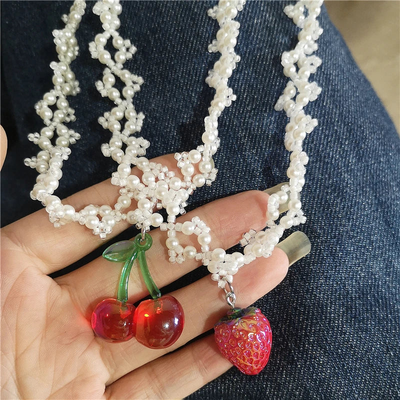 Lunivop Kpop Goth Vintage Cute Charm Cherry Strawberry Pendant Pearl Choker Necklace Women 2000s Y2K EMO Rave Jewelry Scene Accessories