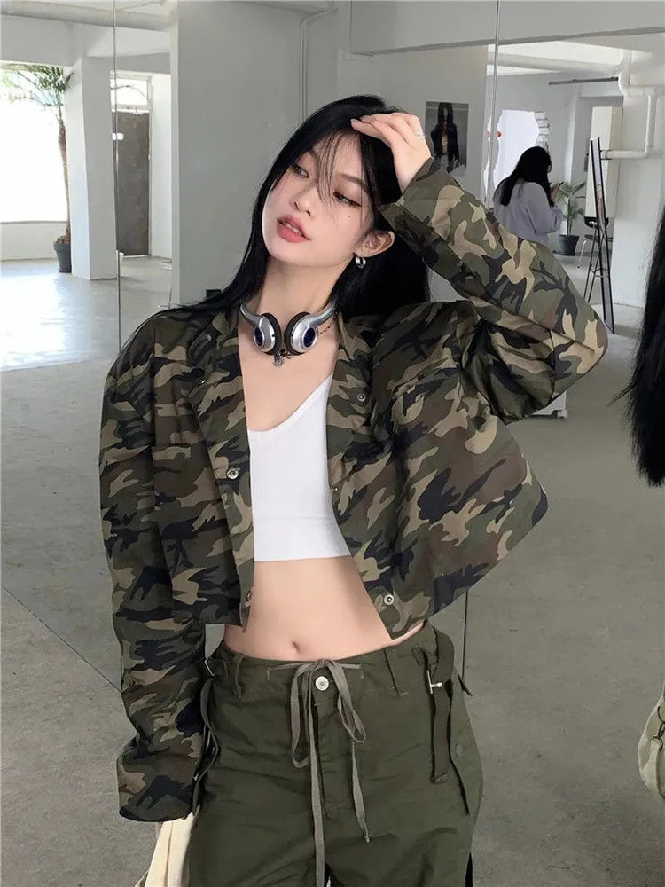 Lunivop Sexy Cropped Camouflage Cargo Jackets Women Vintage Streetwear Slim Y2K Coats Vintage American Long Sleeve Female Fall Tops