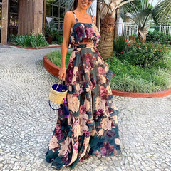 Lunivop  2 Piece Set Women Stylish Floral Elegant Printed Sleeveless Short Top+Loose High Waist Pleated Long Skirt Sets
