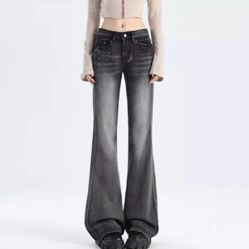 Lunivop  Women's Vintage Y2K Flared Jeans Korean Button-Up Low Rise Casual Denim Pants Female Versatile Elastic Slim Fit Jean Trousers