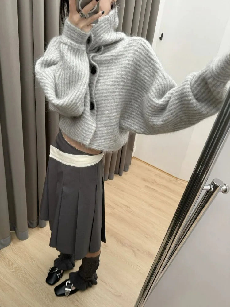 Lunivop Gray Turtleneck Knitted Cardigan Harajuku Korean Style Cropped Sweaters Gyaru Y2k Vintage Striped Loose Knitwears Basic