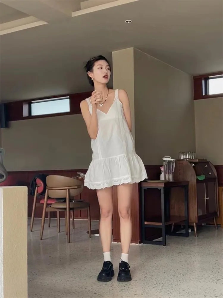 Lunivop  Lace Patchwork Camisole Vest Dresses Simple All-match Vestidos De Verano Mujer 2025 Summer New White Dress for Women