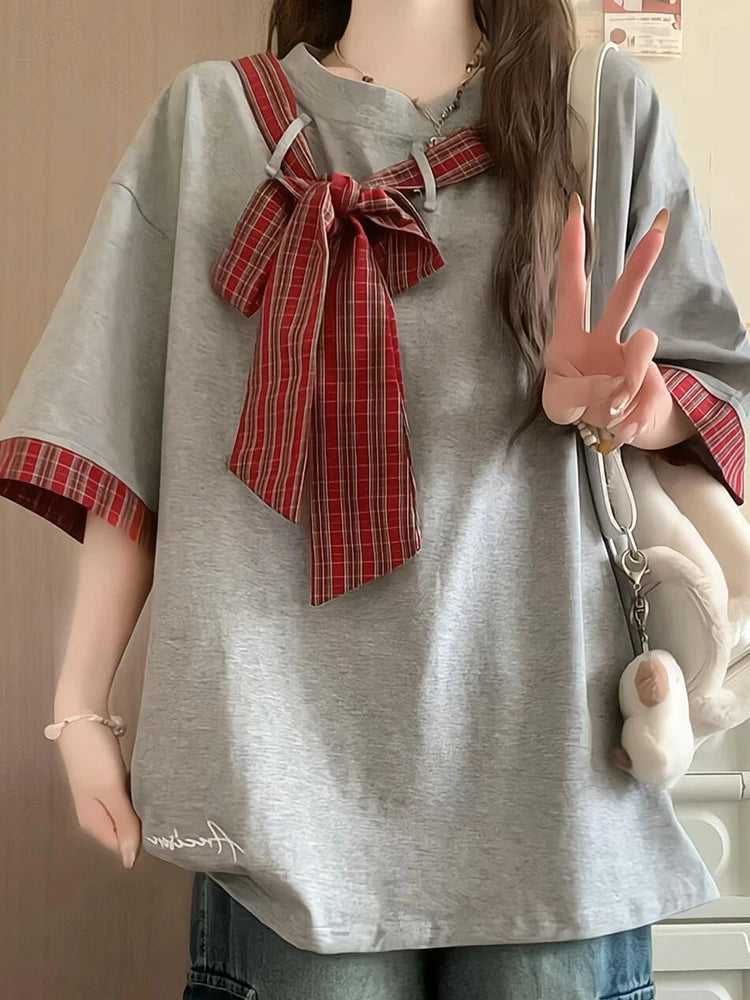 Lunivop  Pure Cotton Cute Bow T Shirts Women Vintage Preppy Style Plaid Patchwork Tees Casual Loose Letter Japan Kawaii Lace Up Tops