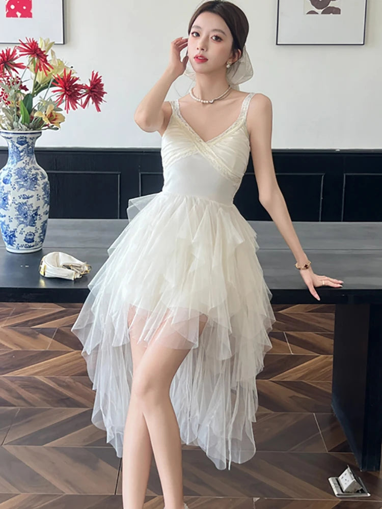 Lunivop  New White Elegant Lace Sling Sexy Dress Summer Fashion Patchwork Ruffled Luxury Dress Women Korean Elegant Birthday Dresses