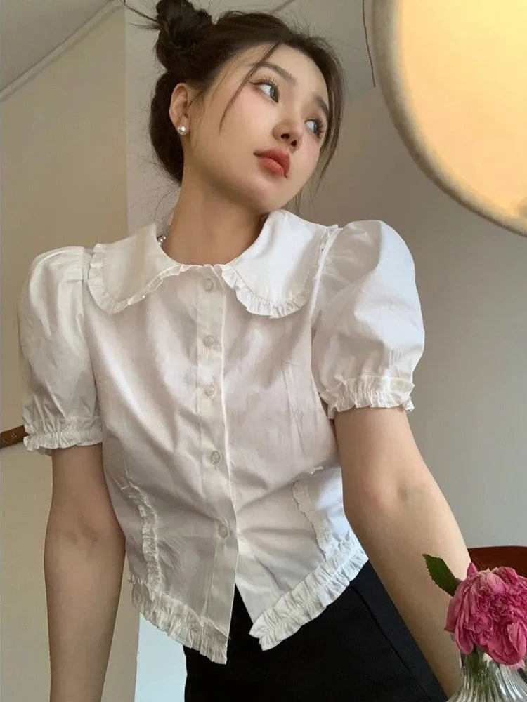 Lunivop Slim Cute Cropped White Shirt Women Summer Short Sleeve Elegant Blouse Preppy Style Vintage Sweet French Casual Design Tops