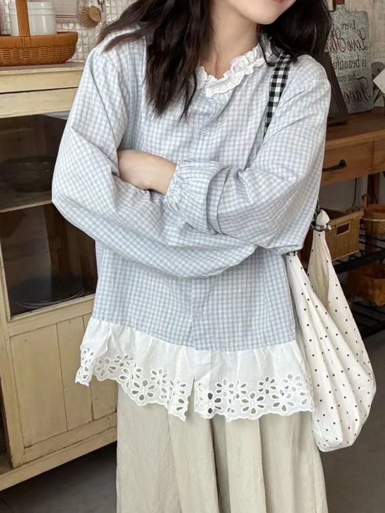 Lunivop  Women Sweet Plaid Shirt Korean Fashion Lace Patchwork Loose Blouse Elegant Casual Preppy Style O Neck Female Chic Tops New