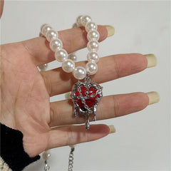 Lunivop Vintage Y2k Red Crystal Heart Aesthetic Pendant Pearl Beaded Necklace For Women Gothic EMO Christmas Rave Jewelry Accessories