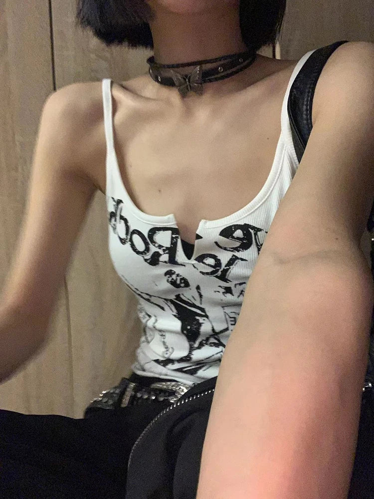 Lunivop Y2K E-Girl Punk Print Sleeveless Ribbed Knit Tank Top For Women 2000s Crop Top Summer Fairy Grunge 90s Hippie Tee ropa de mujer
