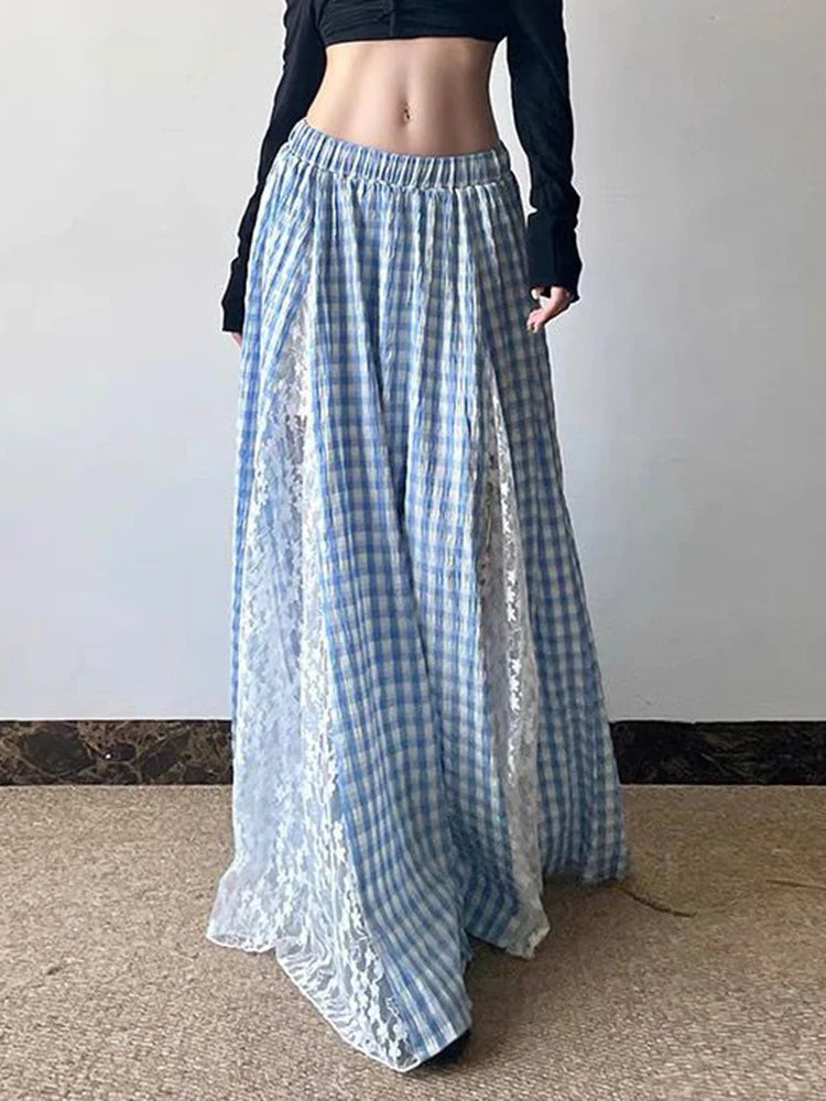 Lunivop  Lace Patchwork Plaid Long Skirts Women Vintage Loose Sexy A Line Skirt French Retro Elegant Lady Design Sweet Casual Skirt