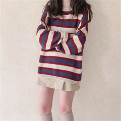 Lunivop  American Retro Blue Red Striped Sweaters Mujuer Autumn New O-neck Knitted Pullover Y2k E-Girl Long Sleeve Tops Women