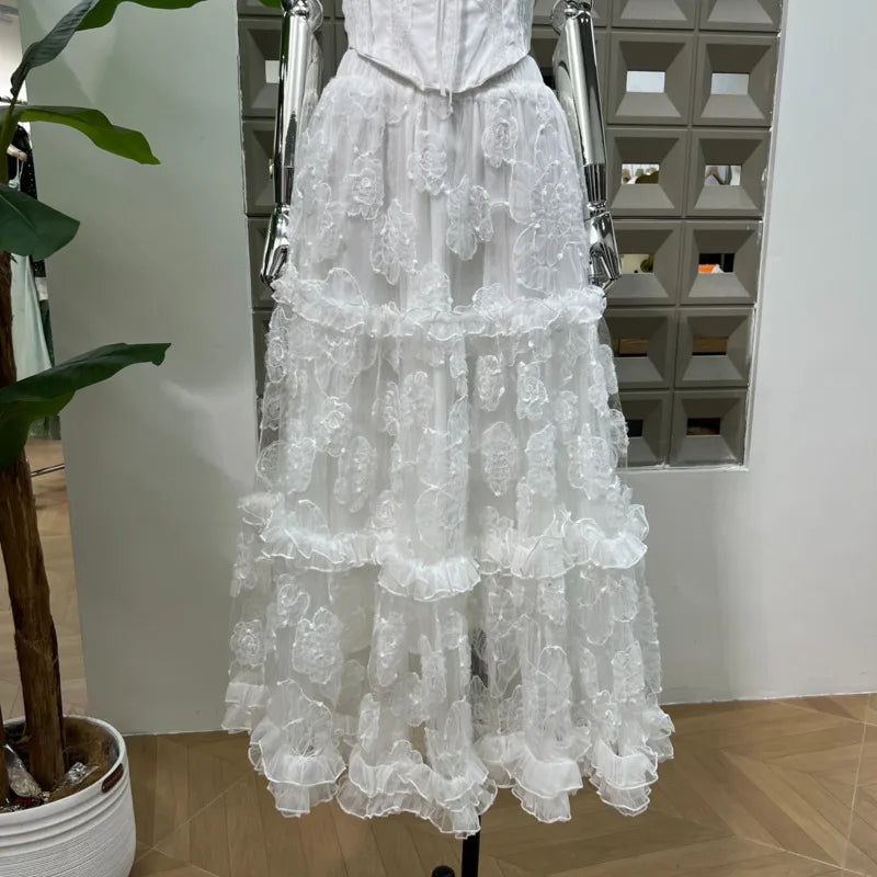 Lunivop  Fashion Solid Color Lace 2 Piece Set Women's Sleeveless Vest Tops A Line Skirts 2025 Summer New Tide