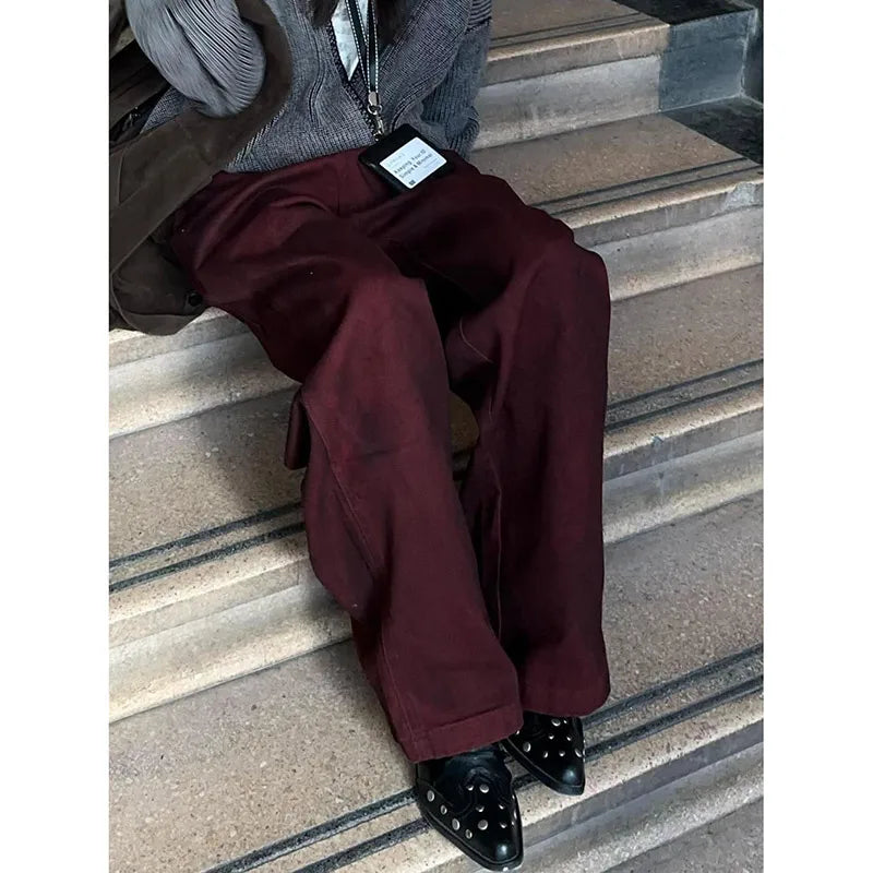 Lunivop Vintage Women Burgundy Jeans High Waist Y2K Designed American Style Streetwear Denim Pants Casual Female 90S Trousers