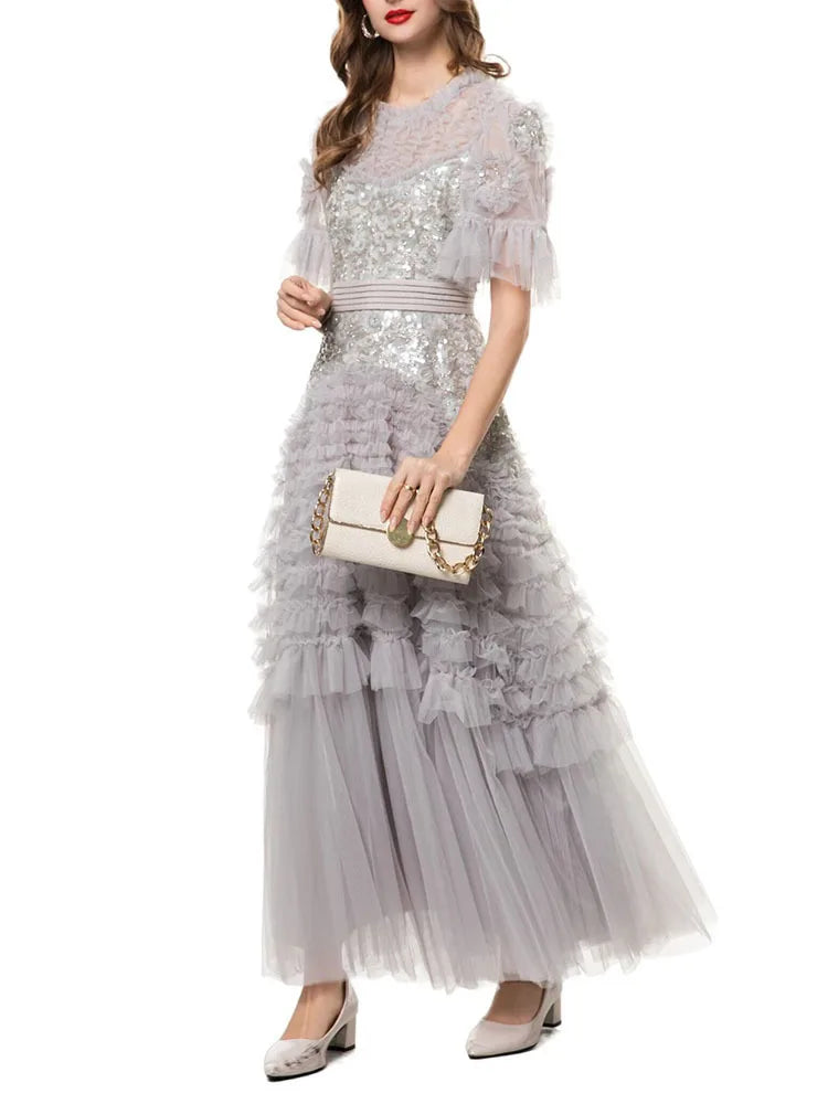 Lunivop Fashion Women Dress Short Sleeve Round Neck Lotus Leaf Edge Lace Splicing Sequins Female Party Dress New Tide