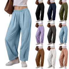 Lunivop  Comfy Womens Linen Pants Elastic High Waist Pure Color Pants With Pockets Casual Loose Wide Leg Oversize Trousers