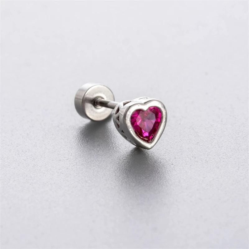 Lunivop New Trendy Shiny Rose Red Color Zircon 316L Stainless Steel Ear Bone Nail Y2K Gothic Love Heart Small Earrings for Women Jewelry